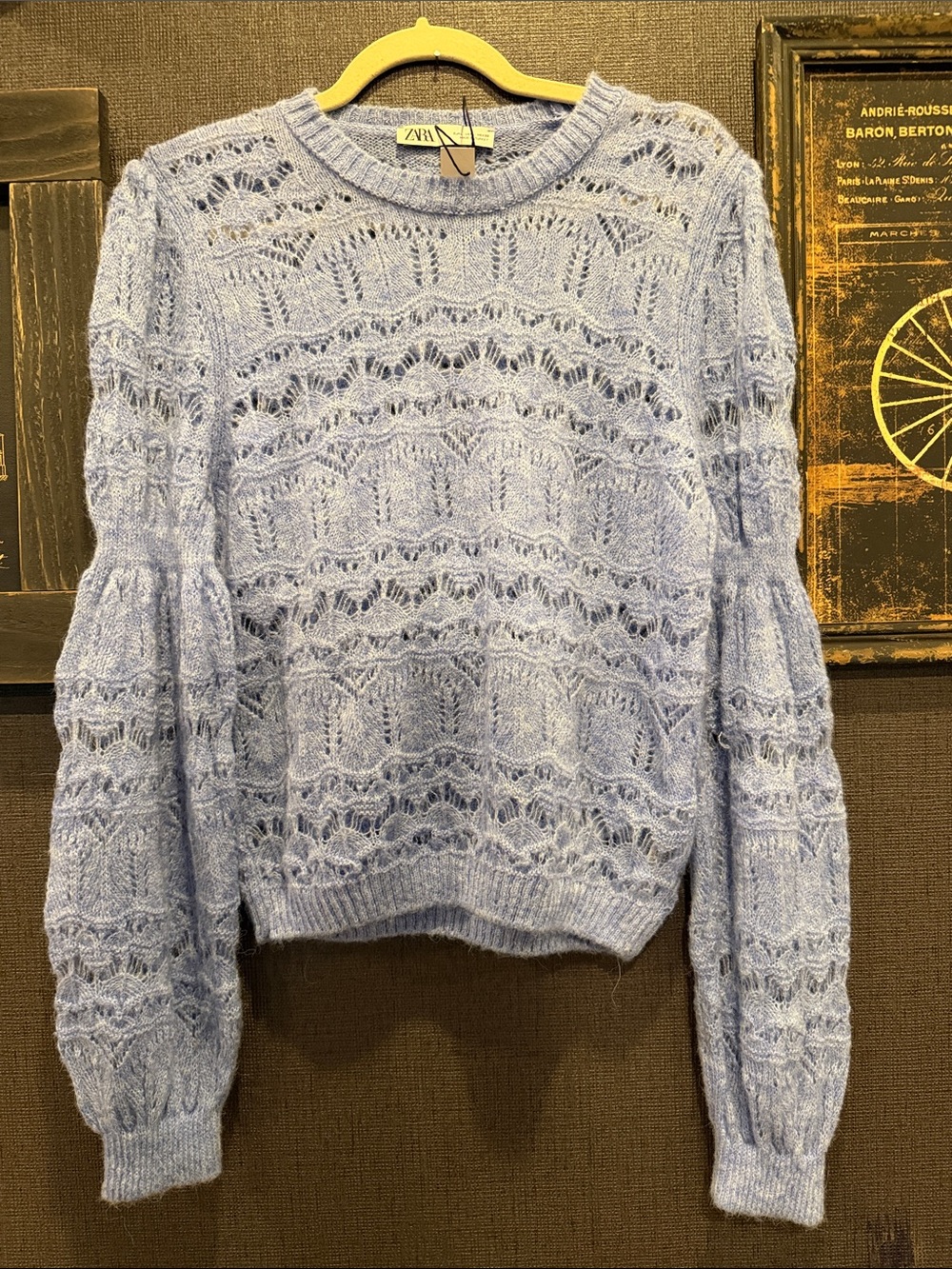 Zara Pale Blue Lace-Open Knit Crewneck Sweater